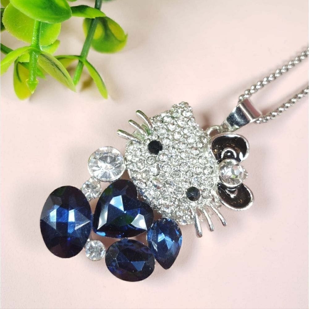 Brand New Hello Kitty Silver Rhinestone Blue Crystal Necklace
